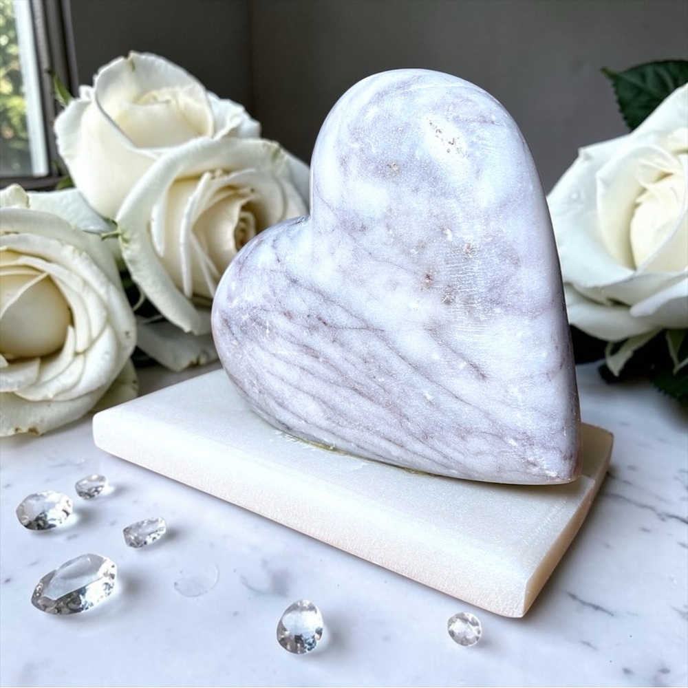 Polished Carved Light Color Marble Heart on Base Sculpture
